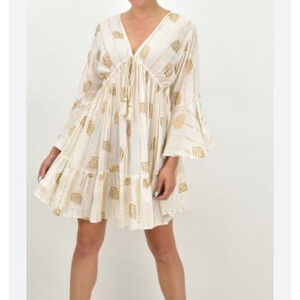 Boho‎ Ruffle Mini Dress Womens S Ivory Gold Leaves V Neck Angel Sleeves Ruffle